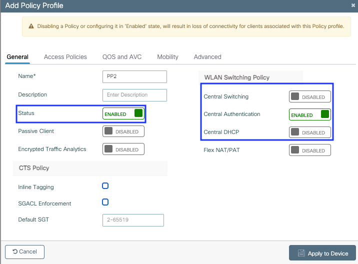 Local switching policy profile