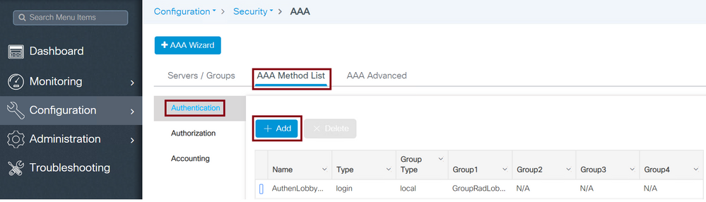 configuração de lista de método AAA no WLC