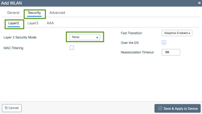 Add a WLAN, layer 2 security settings