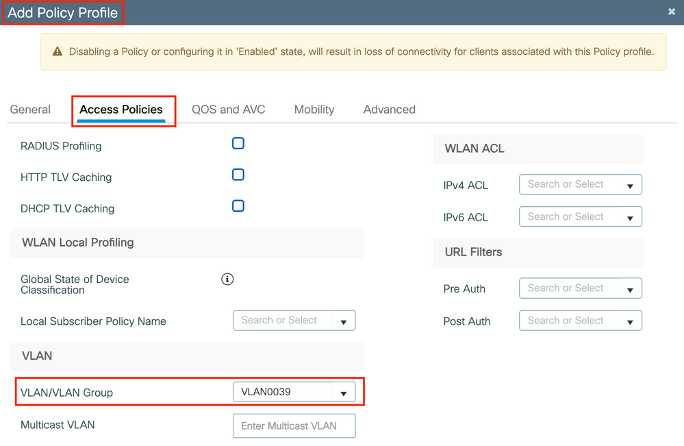 Access policies in the wireless policy profile