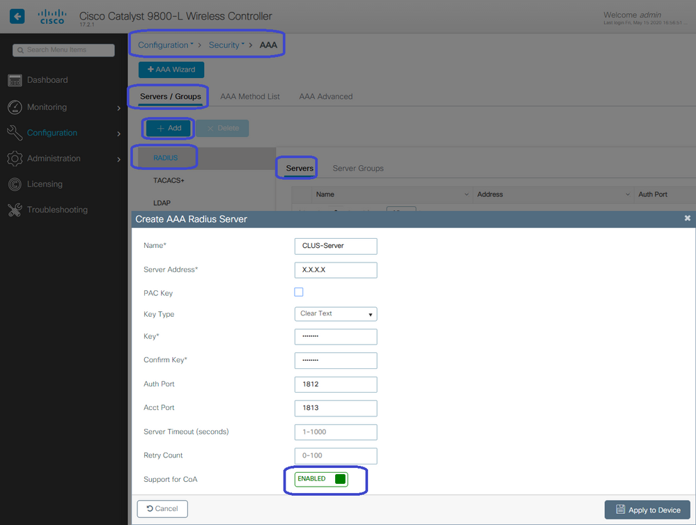 CWA- add radius server