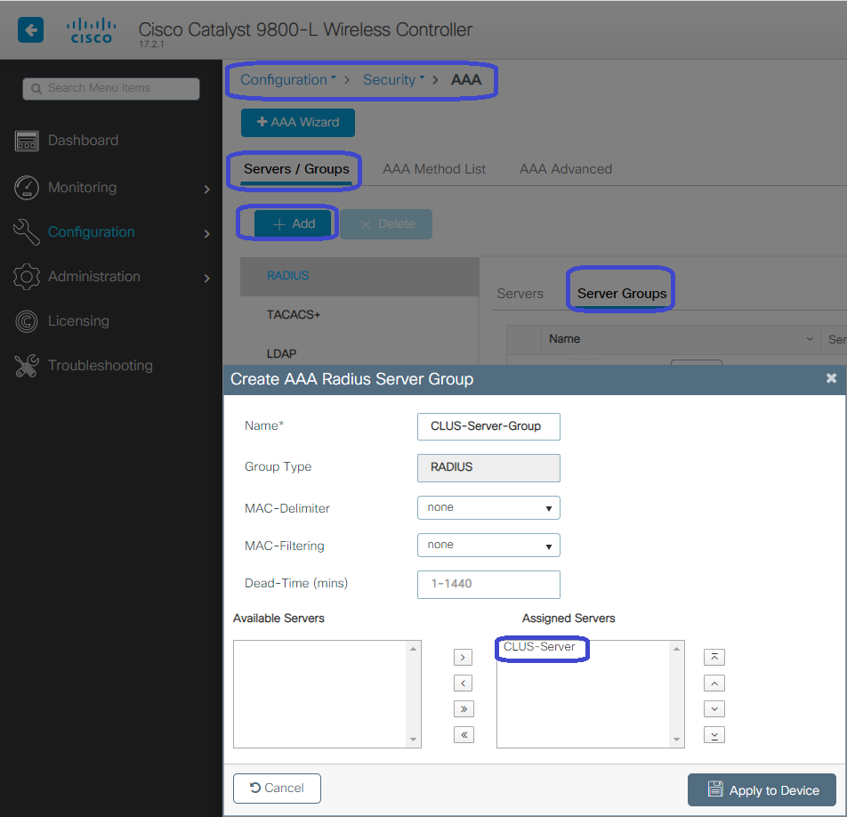 CWA- create AAA radius server group