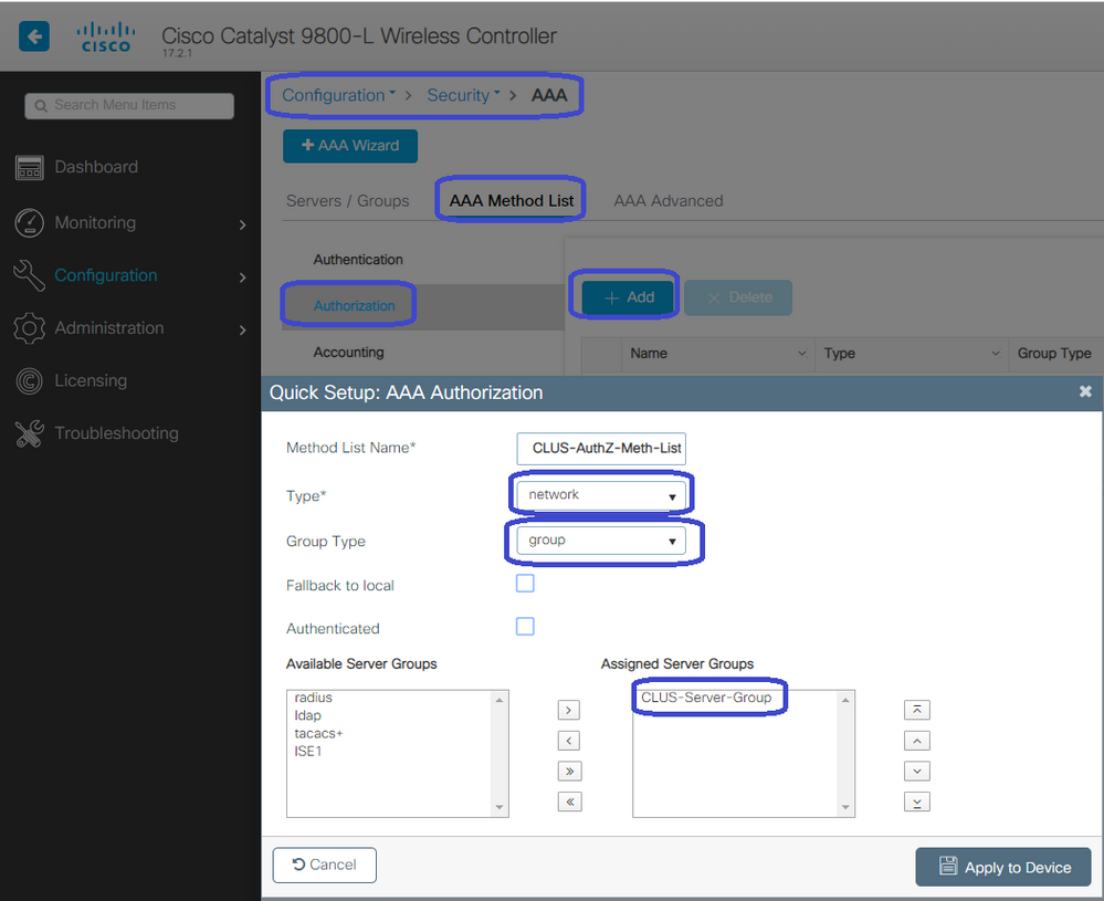 CWA - create AAA authorization method