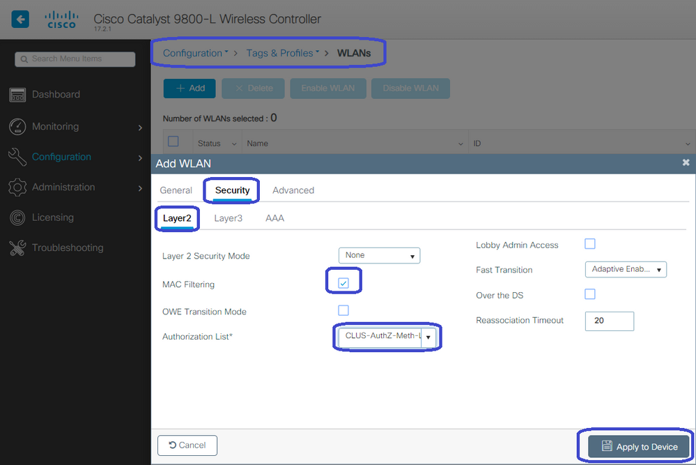 CWA - Add a WLAN, Layer 2 security