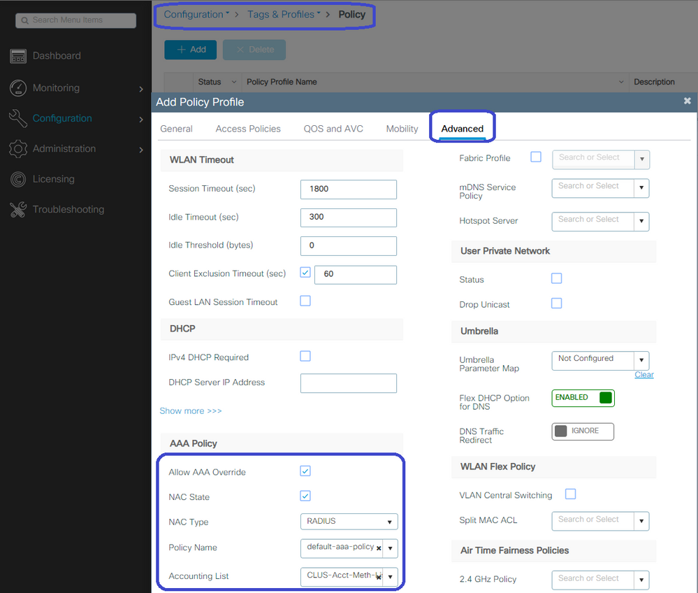 CWA - policy profile advanced settings