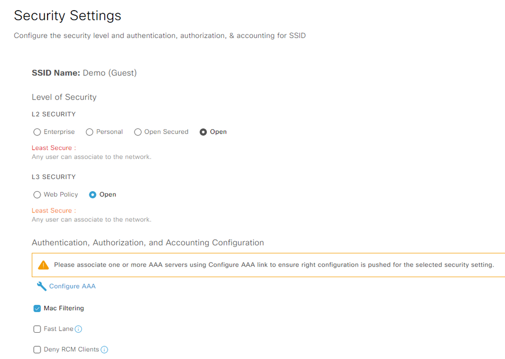 SSID Security Settings