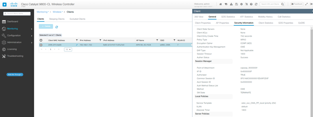 OWE CWA Client details on WLC GUI