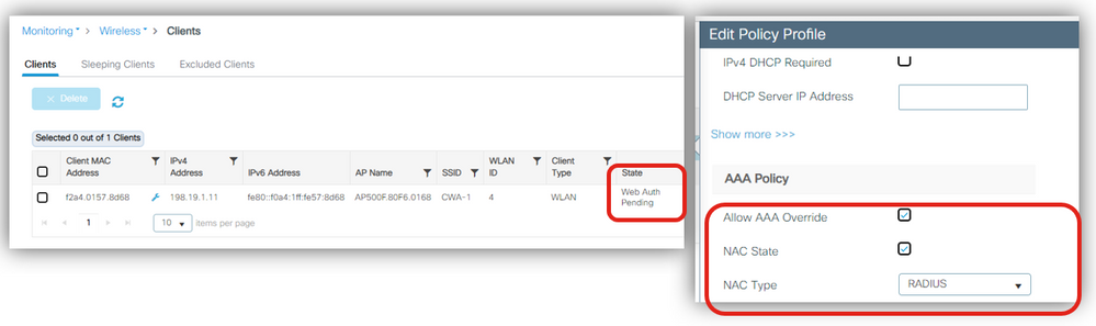 Client details, aaa override and RADIUS NAC