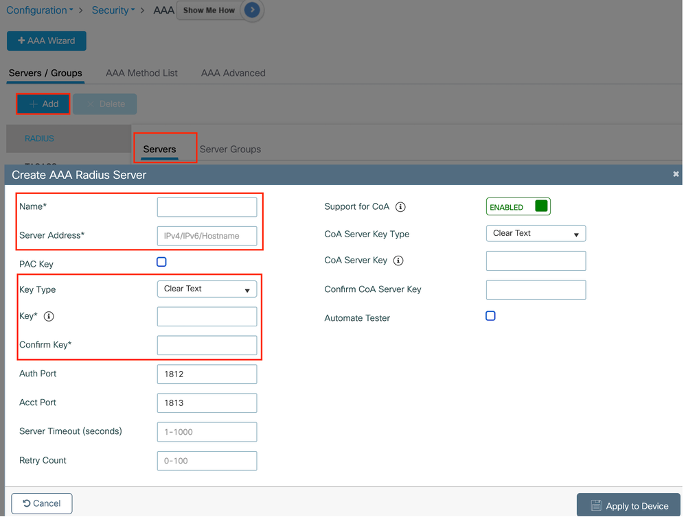 Radius server configuration