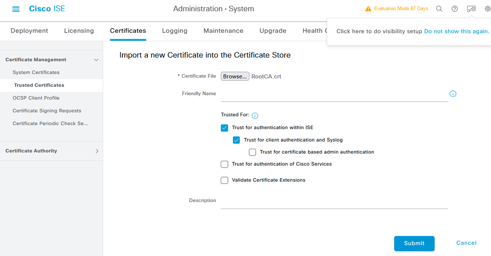 ISE Root CA Certificate Import Dialog