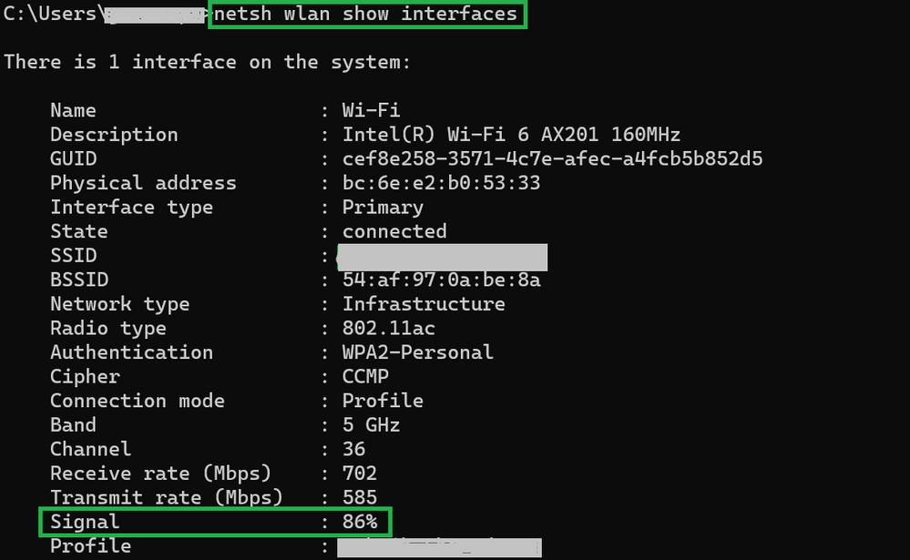 Command to verify the signal strength on a windows PC