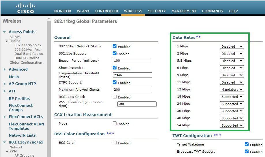 Recommended data rates on radio 802.11 b