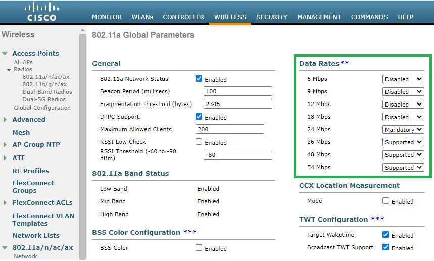 Recommended data rates on radio 802.11 a