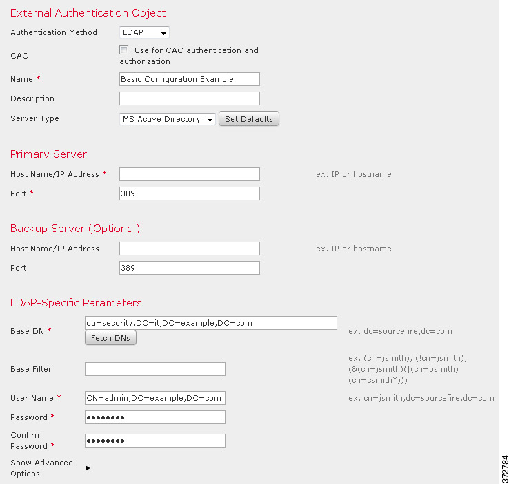 Screenshot of an LDAP authentication object configuration.