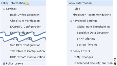 Screenshot comparing the navigation panels in the network analysis policy and intrusion policy editors