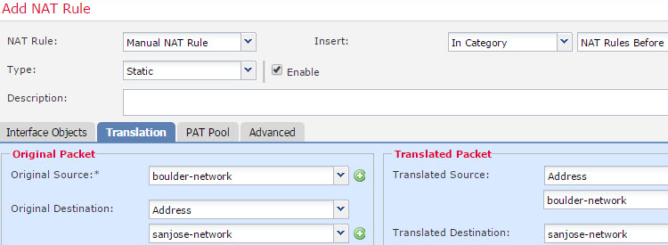 boulder-network から sanjose-network へのトラフィックのアイデンティティ NAT ルール。