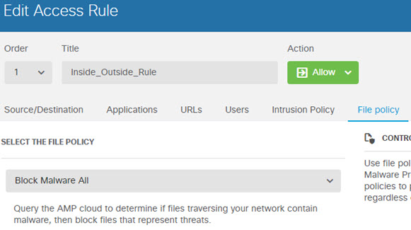 Block Malware policy selected in access control rule.