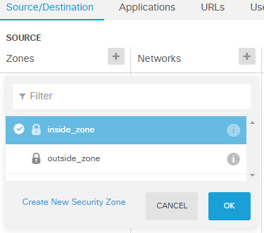 Selecting the inside security zone.