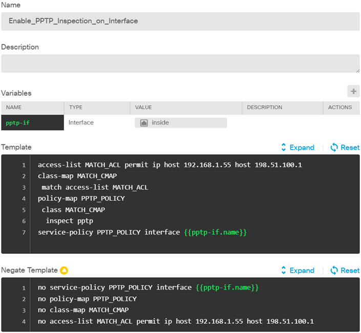 FlexConfig object to enable PPTP inspection on an interface.