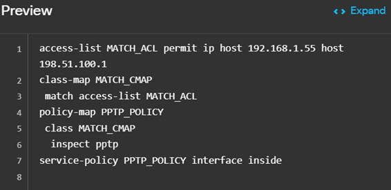 FlexConfig policy preview for interface inspection.