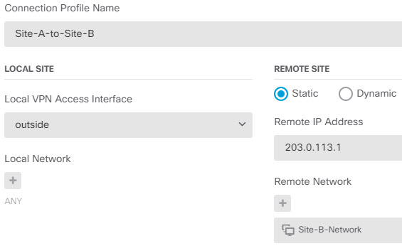 Site A site-to-site VPN connection profile settings.