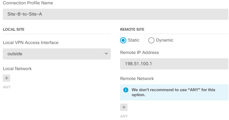 Site B VPN connection profile settings.