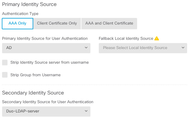 Authentication settings in the connection profile.