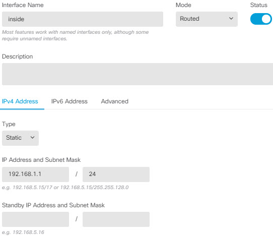 Properties for the inside interface.