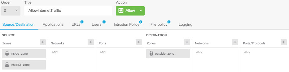 Access control rule to allow VR1 and VR2 traffic to the Internet.