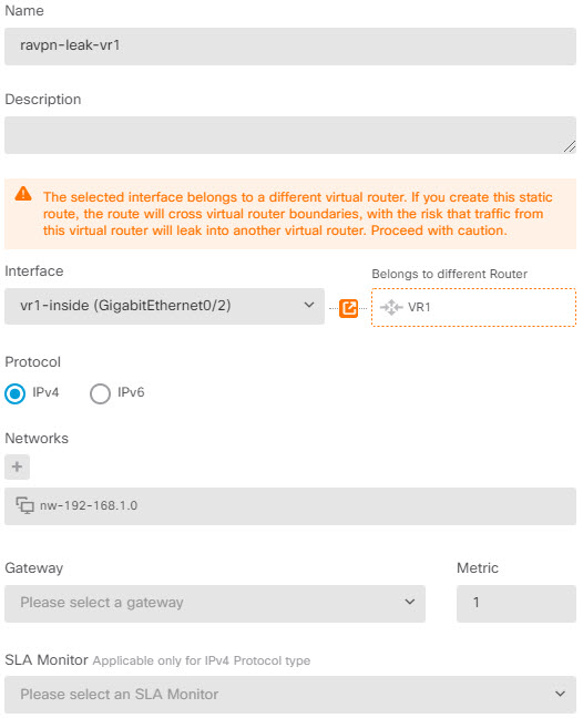 Route leak to allow access to the VR1 network for RA VPN users.