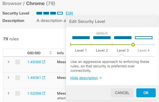 Changing the security level for an existing rule group.