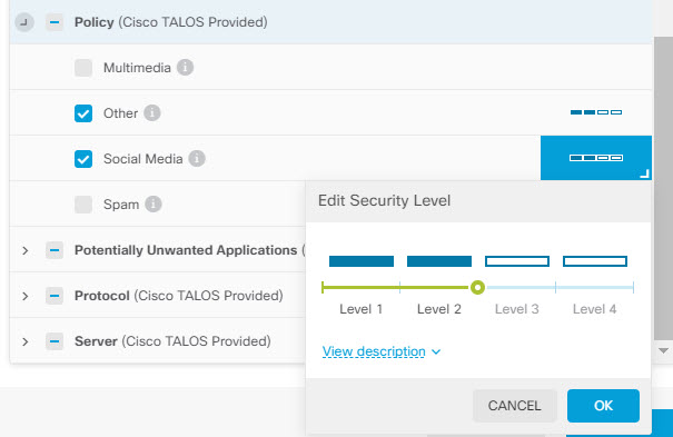 Changing security level while adding a rule group.