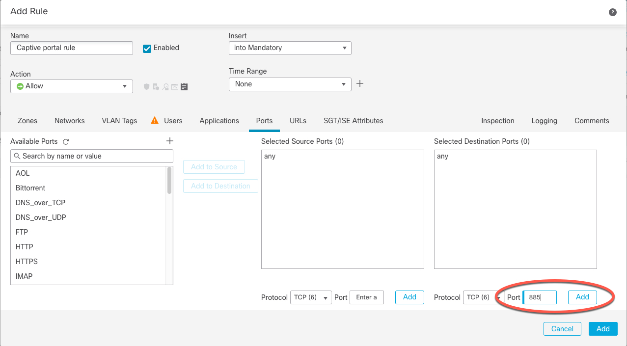 Set up an access control rule to allow TCP port 885 (or whatever port you configured for the captive portal).