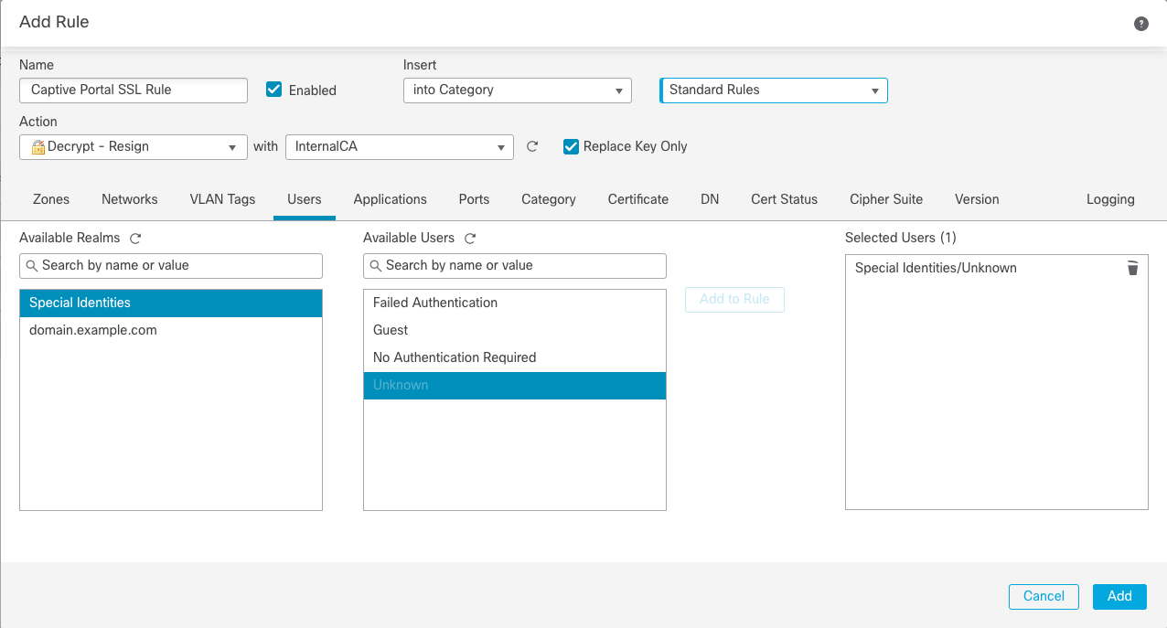 Set up a TLS/SSL rule to search your realms for the Special Identity user Unknown