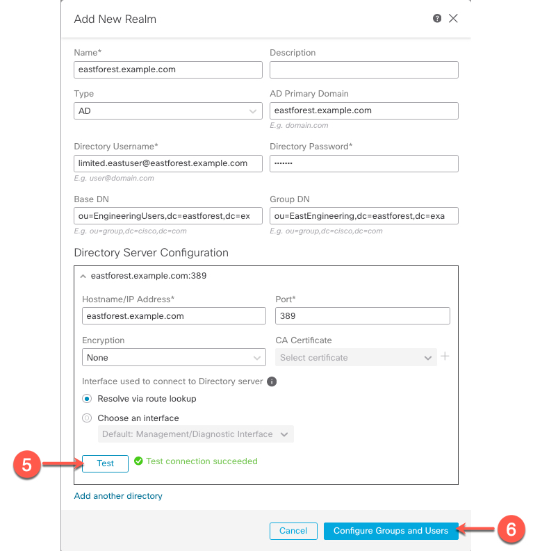 To set up a realm, configure the required fields and click Test. Make sure the test is successful before you configure the directory.