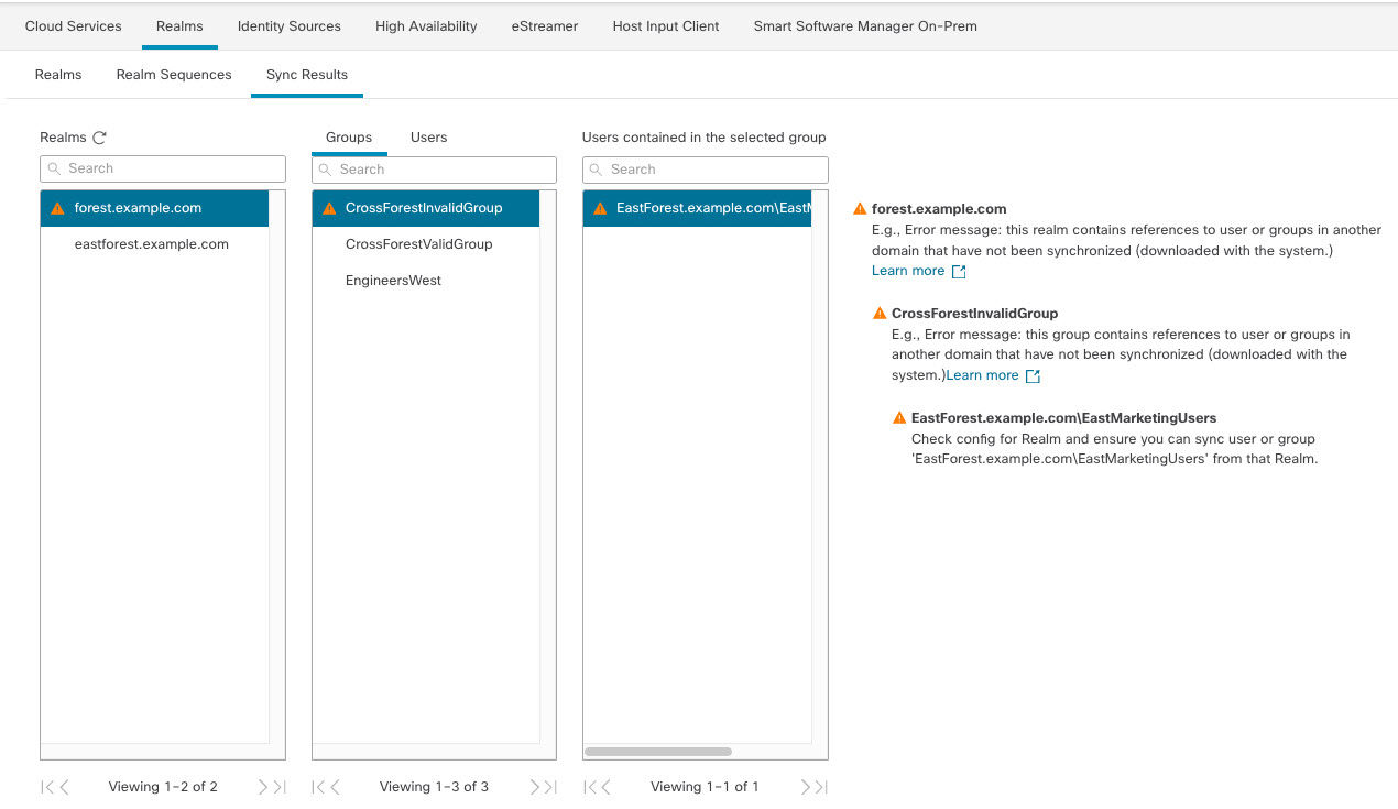 You can troubleshoot user download errors when users are stored in different Active Directory repositories. Read the columns left to right. Click the triangular icon to get more information.