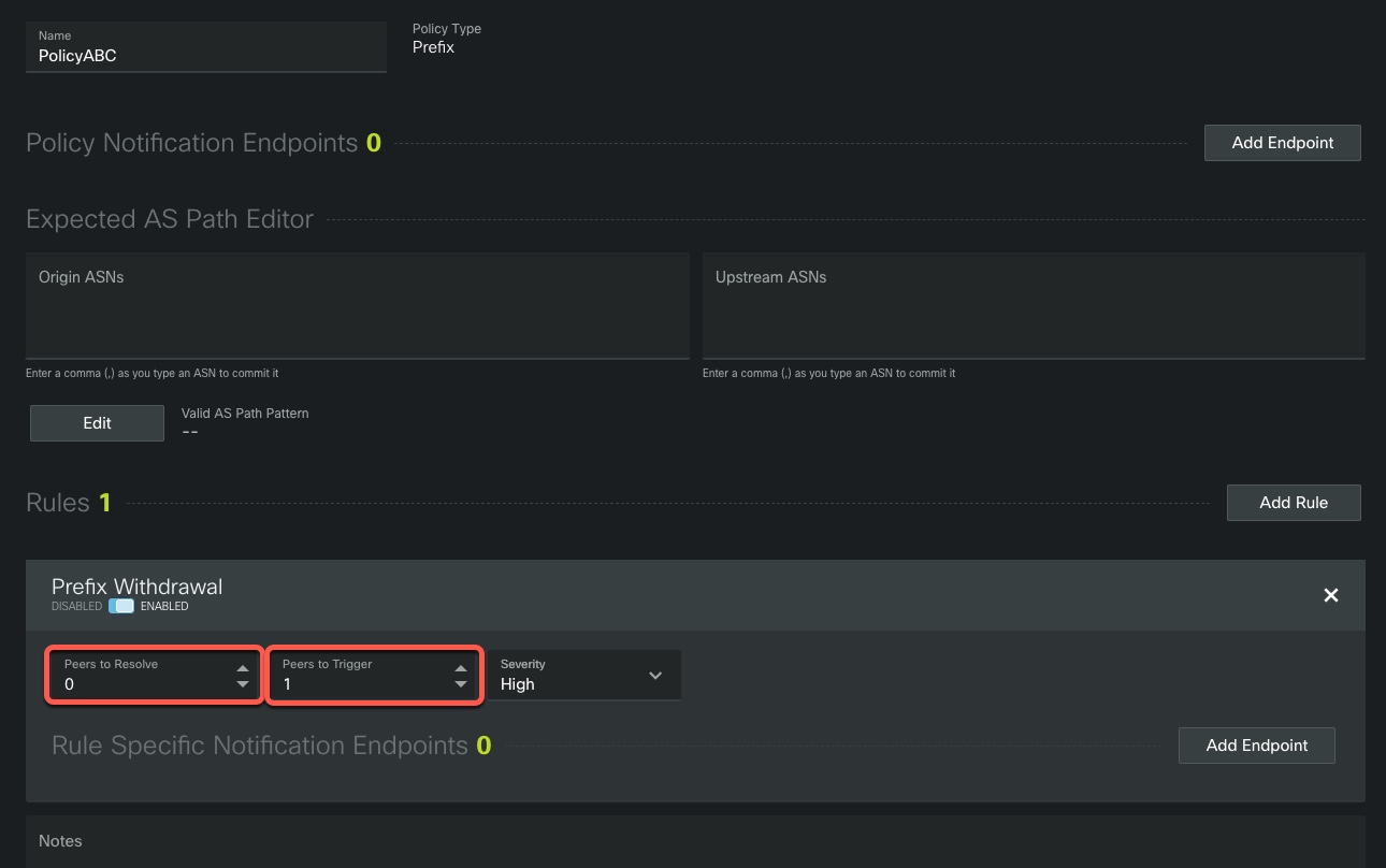 Example: Expected AS Path Editor Alarm Rule: Thresholding Options