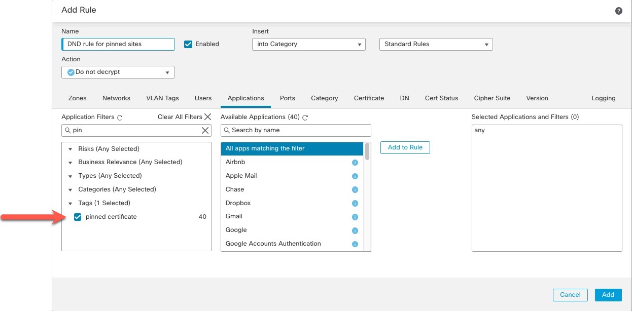 Use the Application type pinned certificate in a Do Not Decrypt rule to prevent users from getting errors browsing to pinned sites