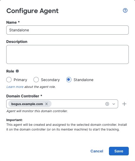 When you create a standalone passive identity agent, you must specify a name and an AD domain controller defined by the realm