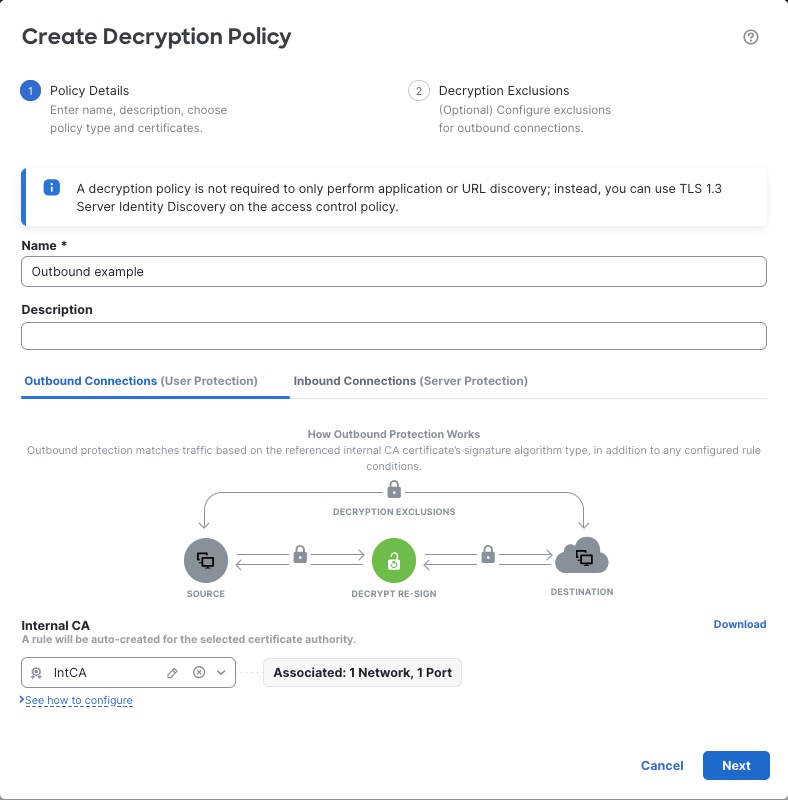 Your decryption policy can cover outbound servers with a Decrypt - Resign rule or inbound servers with a Decrypt - Known Key rule. We create one decryption rule per combination of certificate and networks/ports, if any.