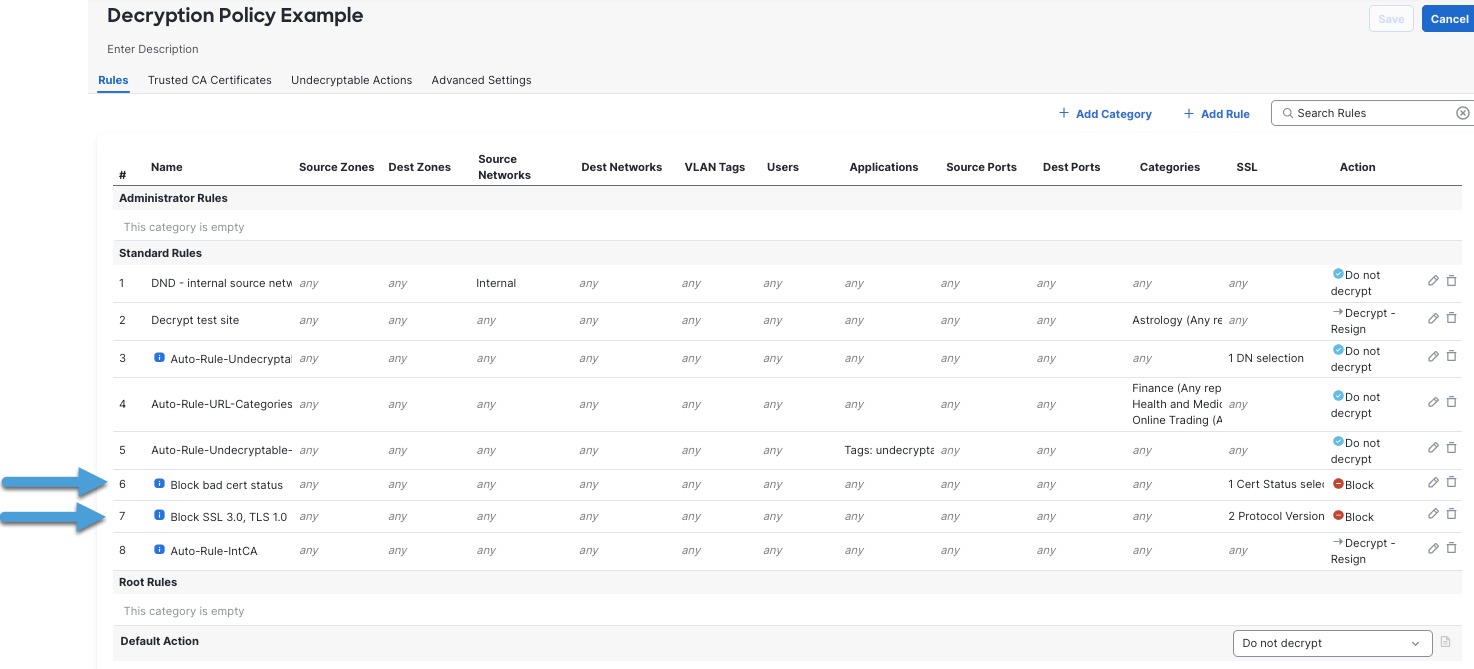 These sample rules block traffic with either bad certificates or old TLS/SSL protocol versions.