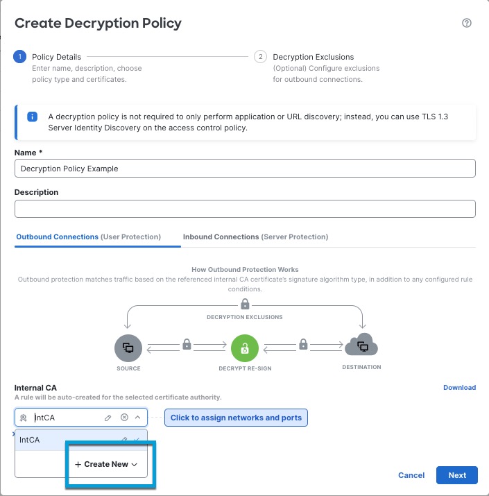 When you create a decryption policy using the wizard, you can optionally create a new internal certificate authority object