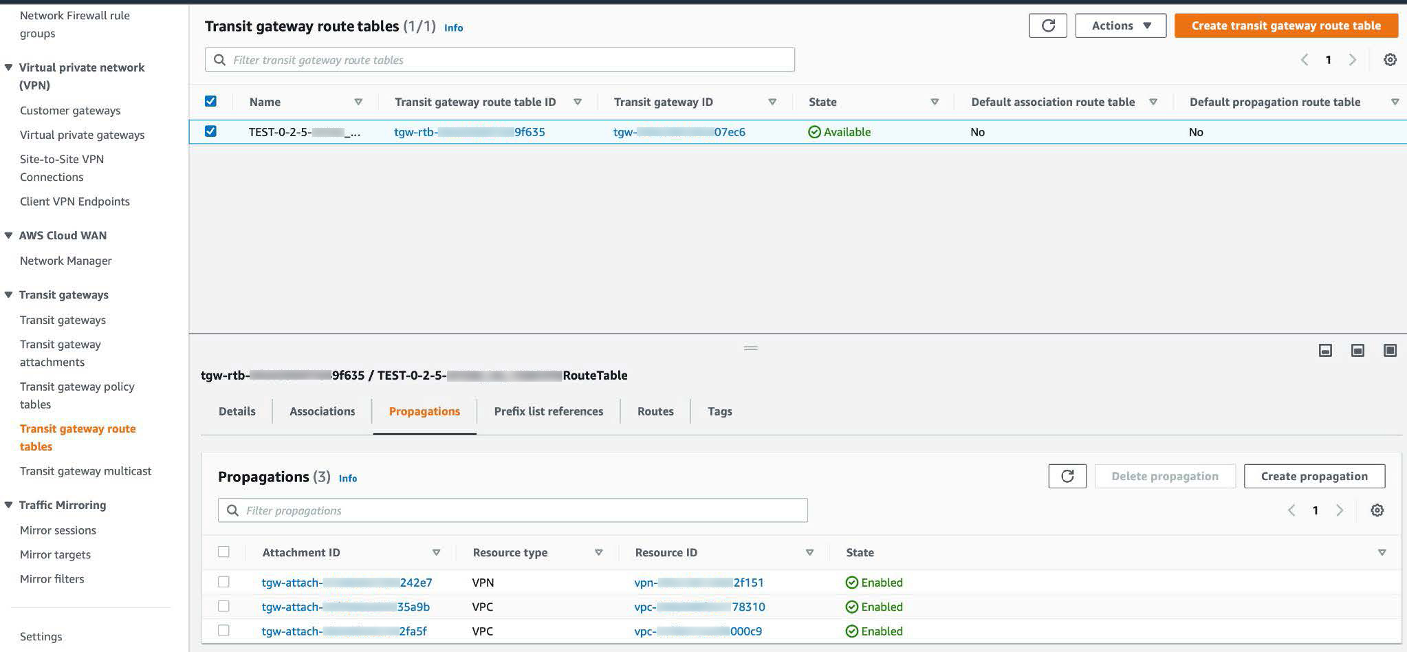 In the Transit gateway route tables window, the Create propagation button is in the upper-right corner of the Propagations pane.