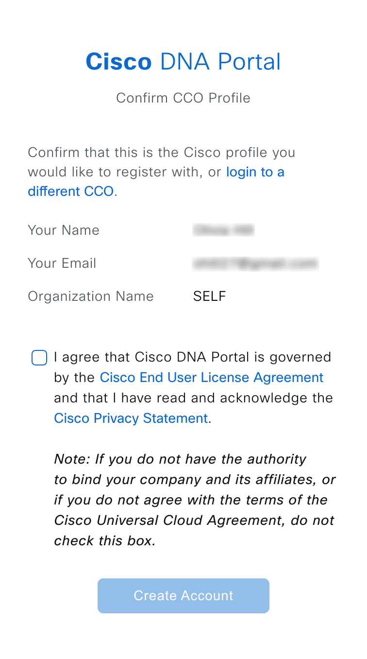 The Cisco DNA Portal Confirm CCO Profile window displays a summary of the registration details.