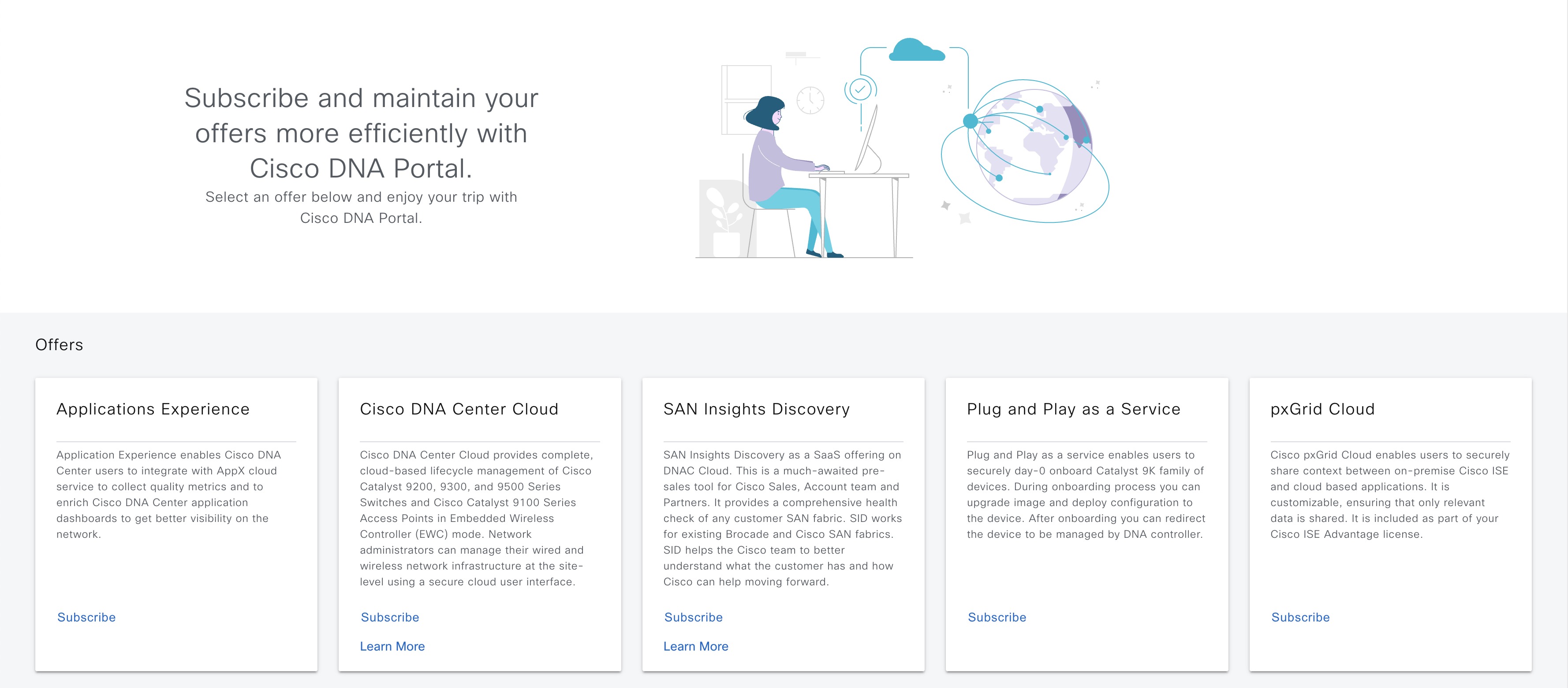 The Cisco DNA Portal home page is displayed with the message, "Subscribe and maintain your offers more efficiently with Cisco DNA Portal. Select an offer below and enjoy your trip with Cisco DNA Portal."