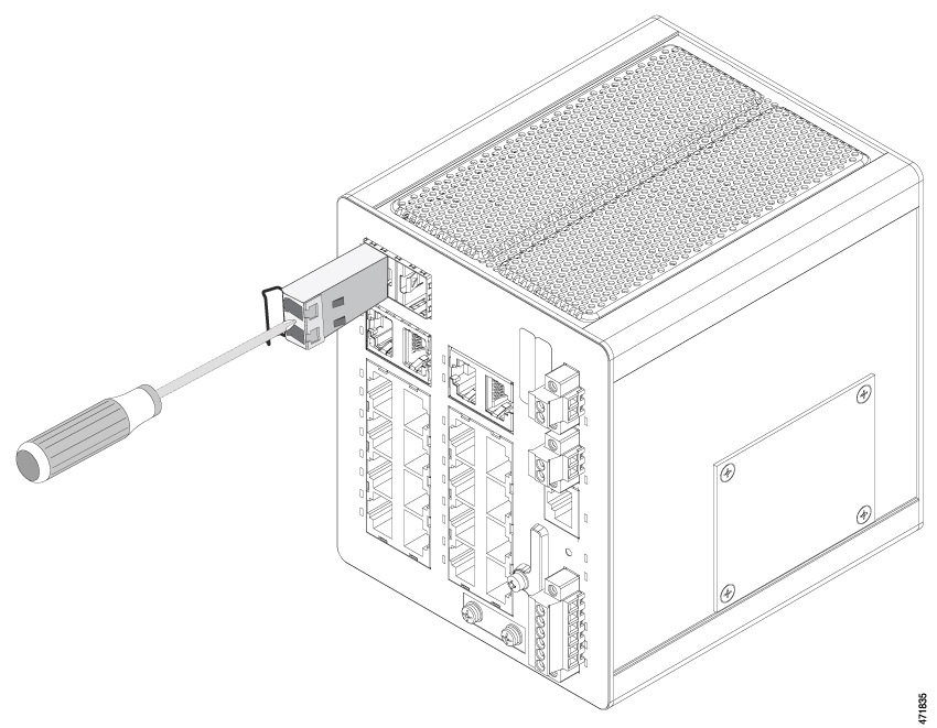 開かれている SFP モジュールのベールクラスプラッチを示す画像