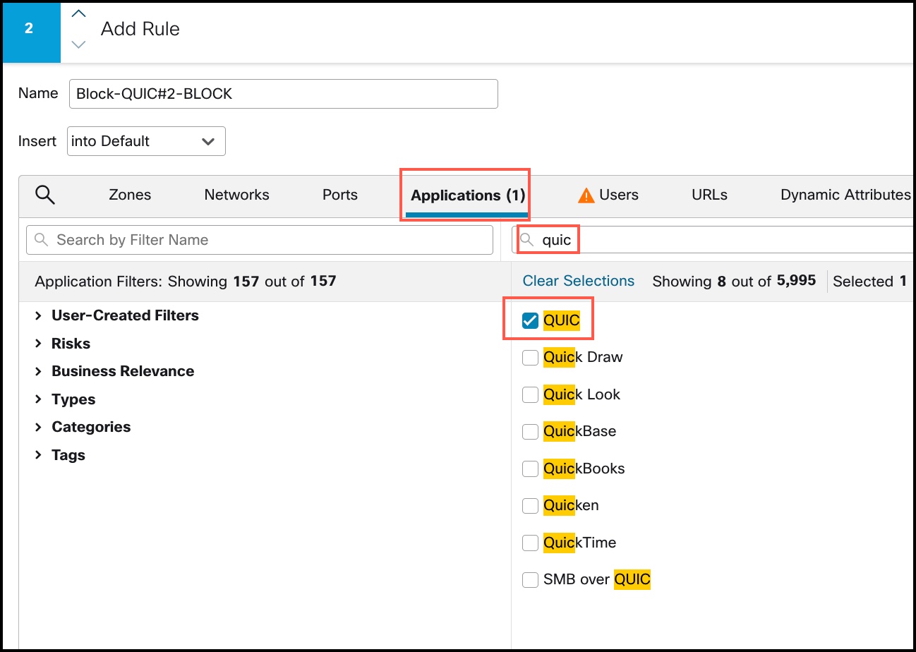 Choose QUIC from list of applications