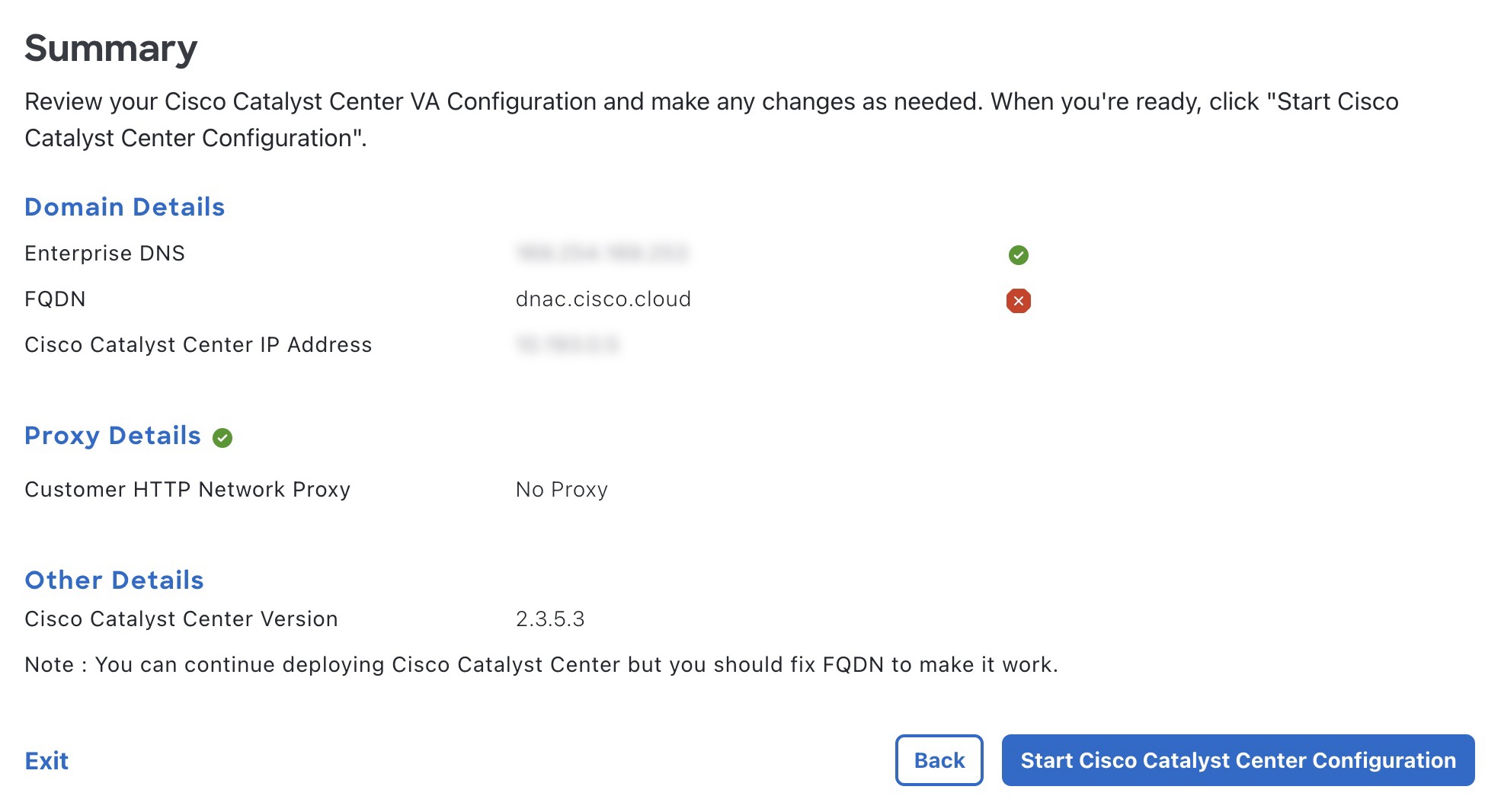 The Summary window displays domain, proxy, and other details, along with the Start Cisco Catalyst Center Configuration button in the bottom-right corner.