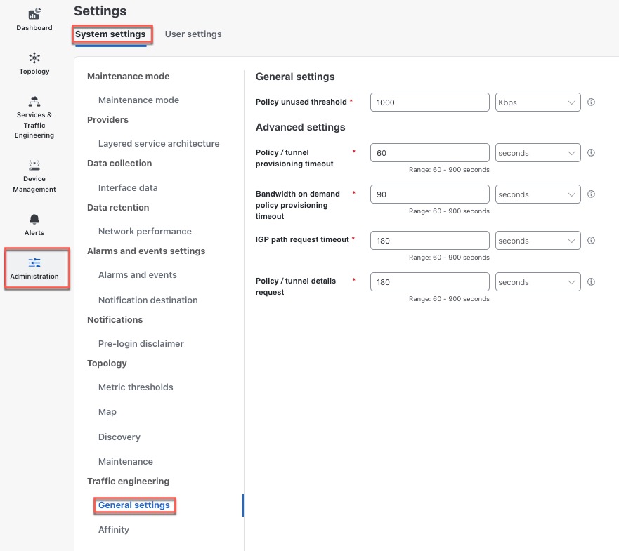 Traffic Engineering Timeout Settings