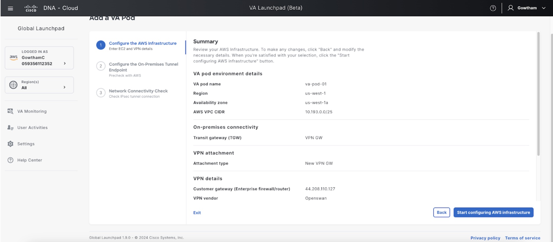 The Summary pane displays VA pod environment details, on-premises connectivity details, VPN attachment details, VPN details, and other details.